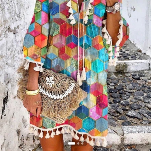 Tassel Geometric V Neck 3/4 Sleeve Plus Size Casual Dresses - Picture 3 of 3